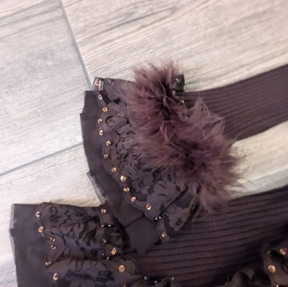 Vintage Belldini Brown Y2K 90s Lace Sequin Feather cuffs Ruffle Sweater - Picture 3 of 6